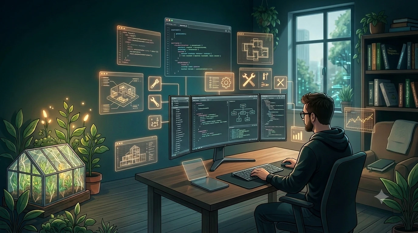Cozy workshop interior with plants and code on a monitor, created with AI